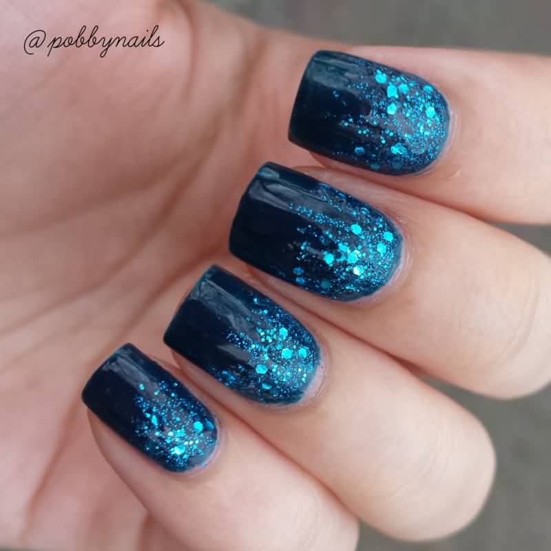Blue Glossy And Glitter Nail Art Design Idea