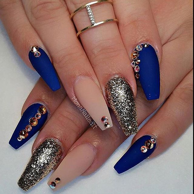 Blue Matte With Beige And Glitter Nail Art