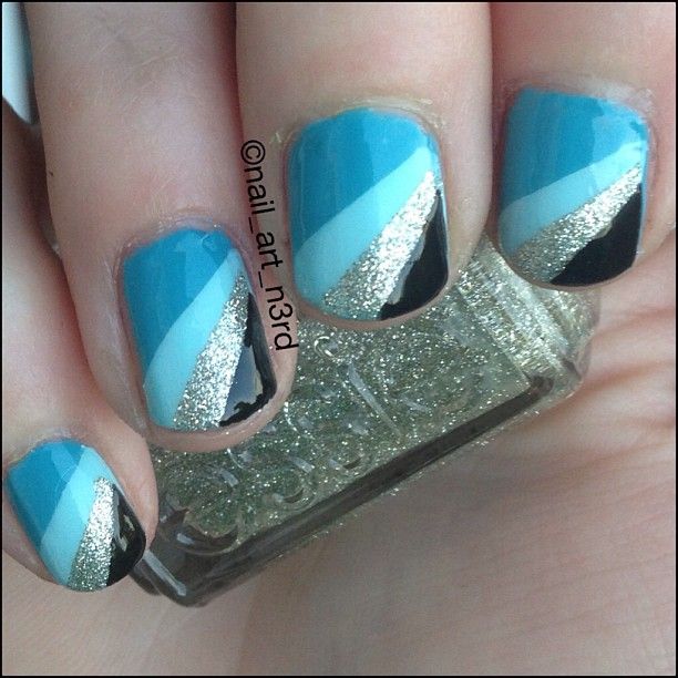 Blue Nail Art With Silver Glitter Design Idea