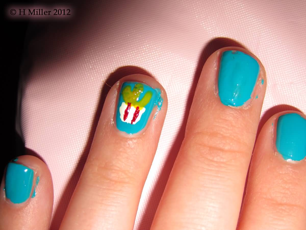 Blue Nails With Accent Birthday Cupcake Nail Art Design Idea