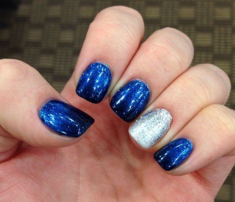 Blue Nails With Accent Silver Glitter Nail Art