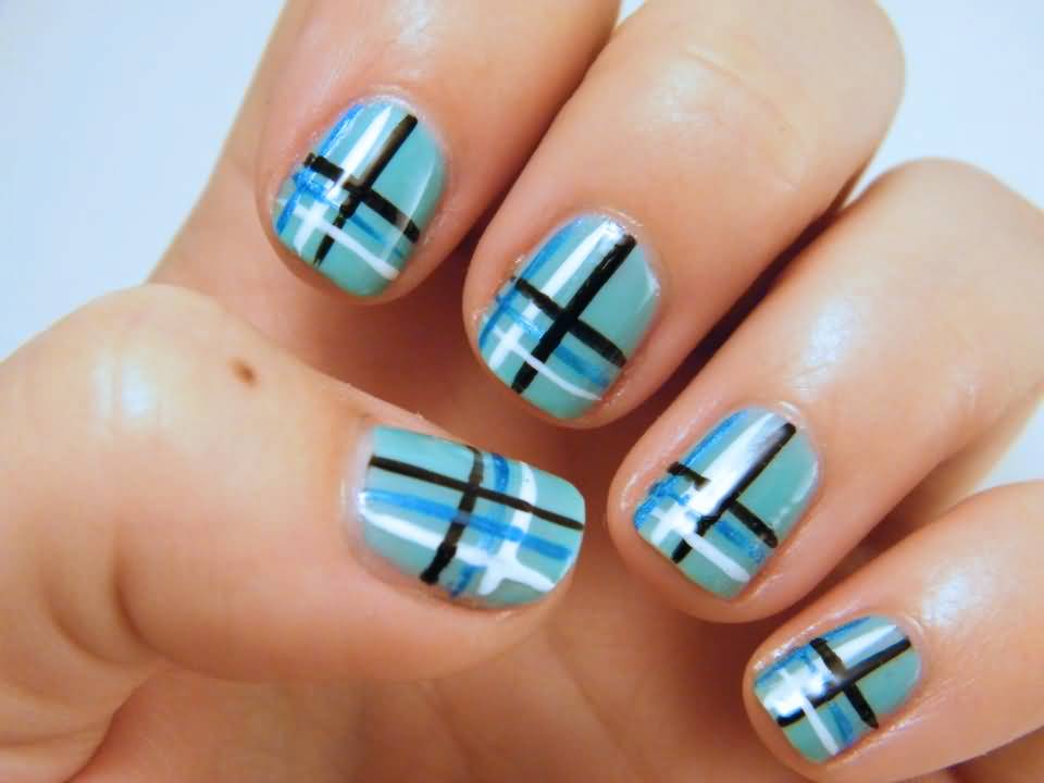 Blue Nails With Black And White Stripes Design Nail Art