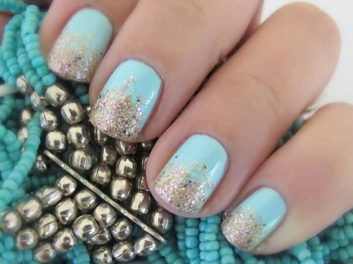 Blue Nails With Gold Glitter Nail Art Design Idea