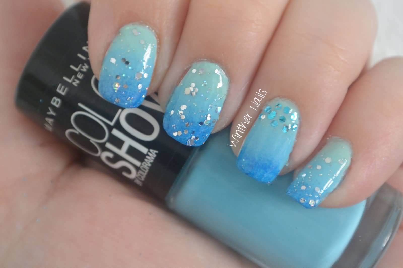 Blue Nails With Gold Glitter Nail Art