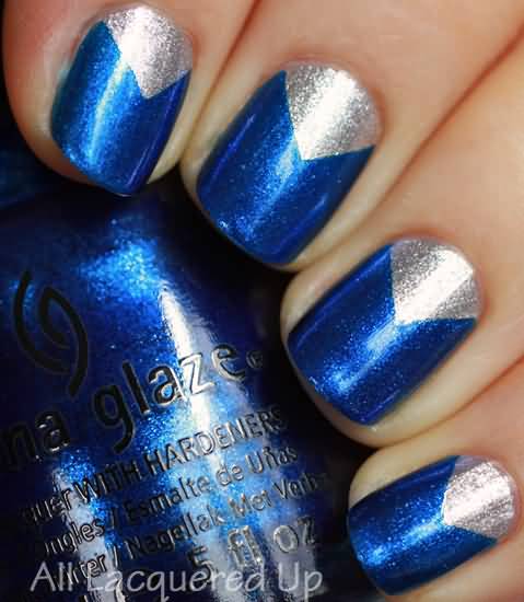 Blue Nails With Silver Design Idea