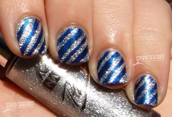 Blue Nails With Silver Glitter Stripes Design Nail Art