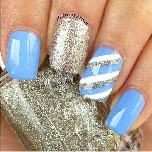 Blue Nails With Silver Glitter Stripes Nail Art