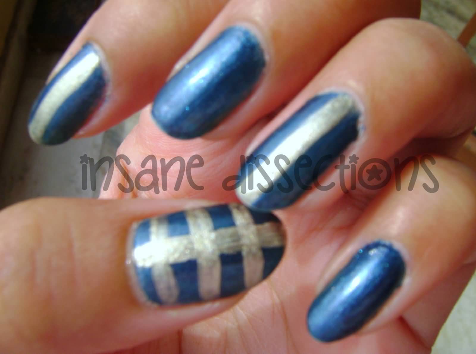 Blue Nails With Silver Stripes Design Idea