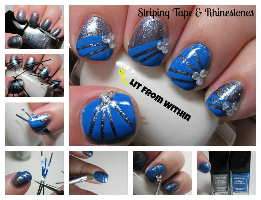 Blue Nails With Silver Stripes Nail Art Tutorial