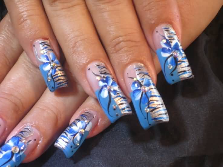 Blue Nails With Silver Zebra Print Nail Art