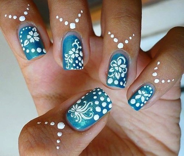 Blue Nails With White Acrylic Flowers Nail Art
