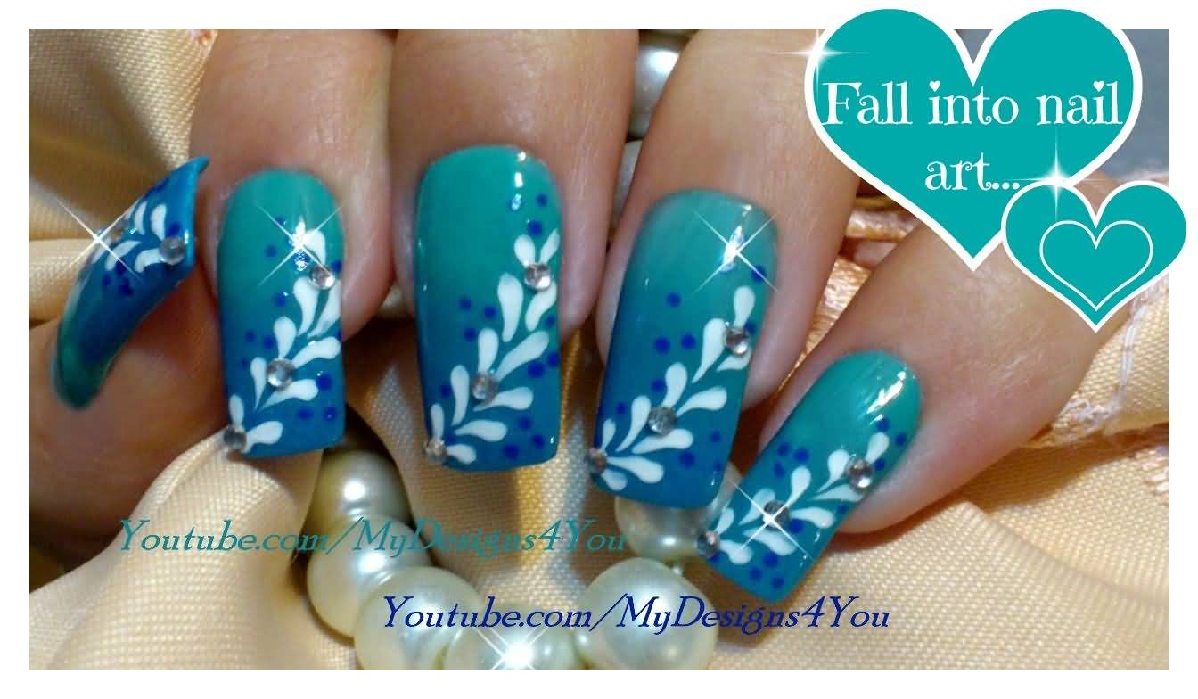 Blue Nails With White Flowers Design Nail Art