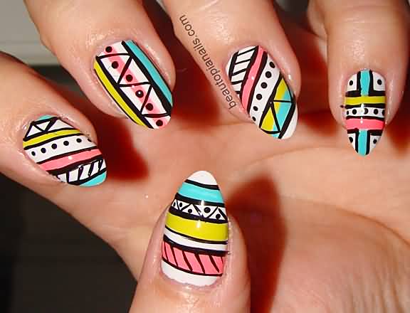 Blue Pink And Yellow Tribal Nail Art Design