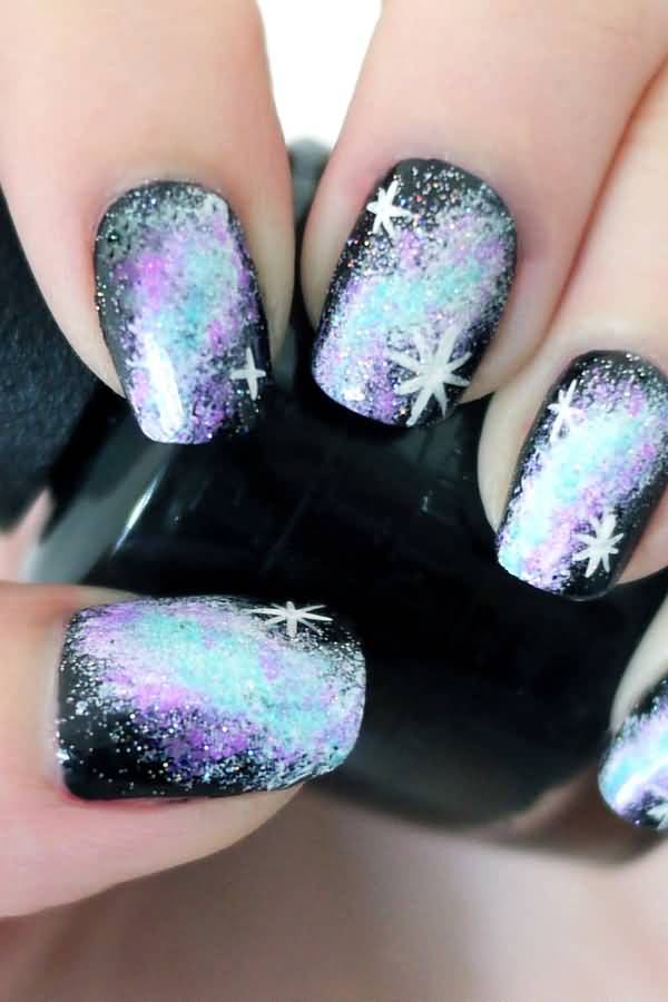 Blue Purple And Black With White Stars Design Galaxy Nail Art