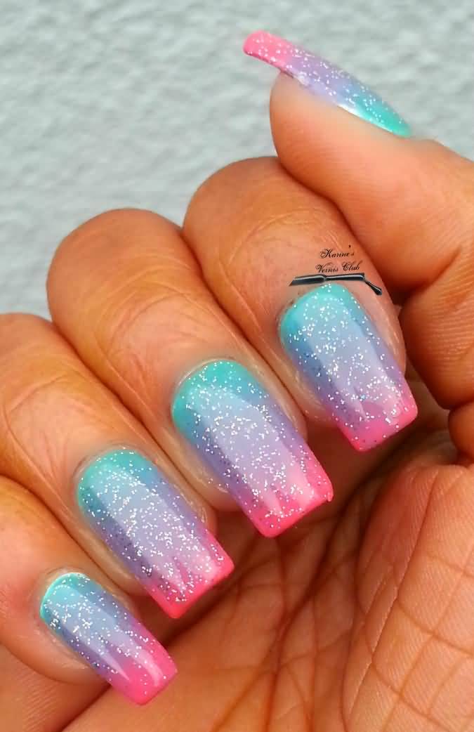 Blue Purple And Pink Holographic Nail Art Design