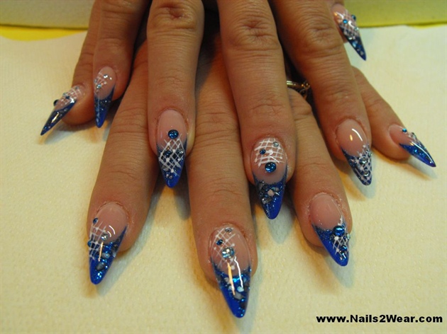 Blue Stiletto Nail Art With White Lace Design