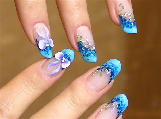 Blue Water Marble Tip Nails With Purple 3D Bow Nail Art Design