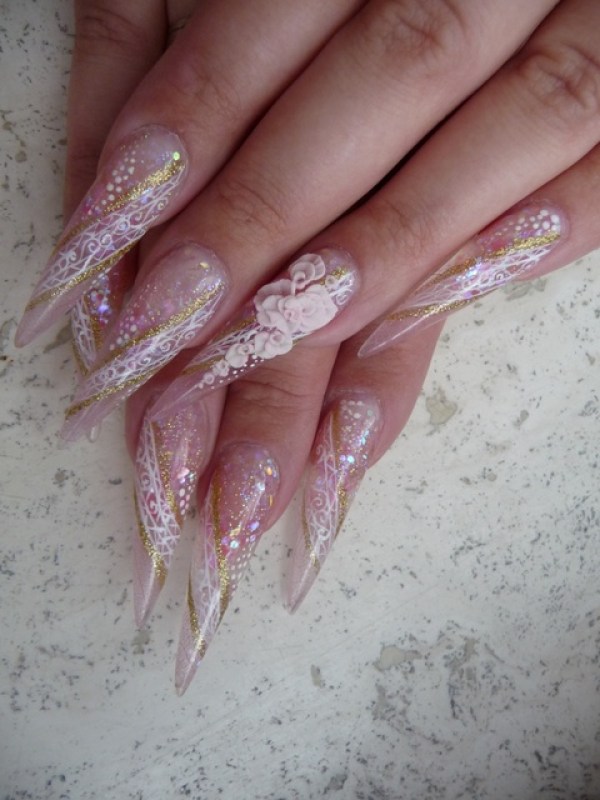 Bridal Stiletto Nail Art With Lace And 3D Flowers Design Idea