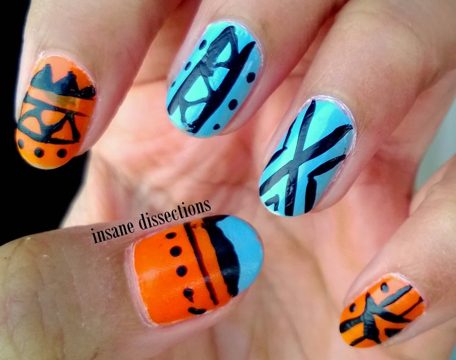 Bright Blue And Orange Tribal Nail Art