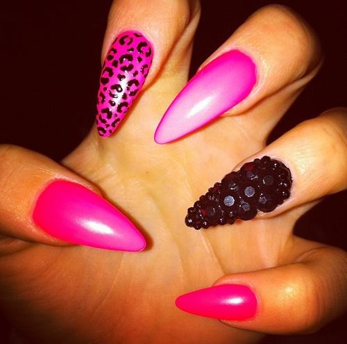 Bright Pink Leopard Print And Accent Caviar Beads Stiletto Nail Art
