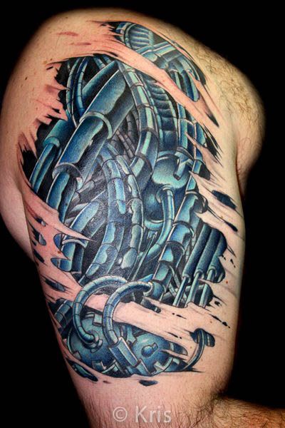Brilliant Blue Biomechanical Tattoo On Right Half Sleeve By Kris Thomas
