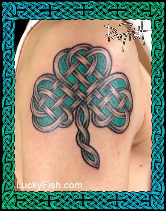 Brilliant Celtic Knotwork Shamrock Tattoo On Right Shoulder