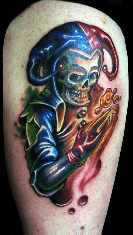 Brilliant Colorful Evil Jester Skeleton Tattoo
