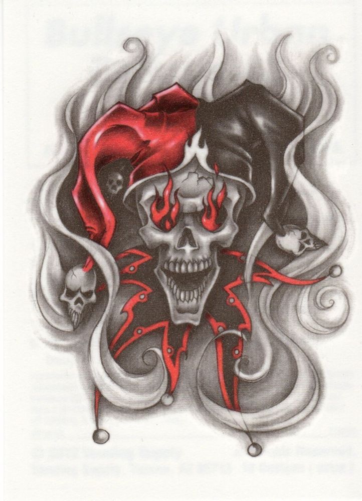 Brilliant Evil Jester Skull With Flames In Eyes Tattoo Design