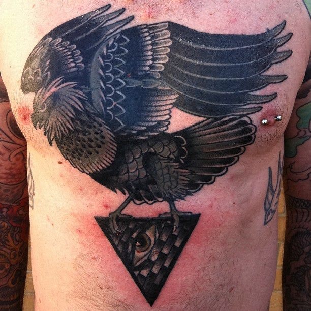 Brilliant Grey And Black Bird And Triangle Eye Tattoo On Chest