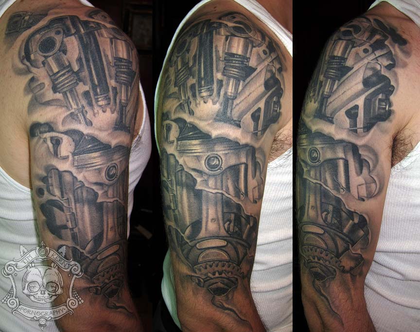 Brilliant Grey And Black Mechanical Engine Half Sleeve Tattoo