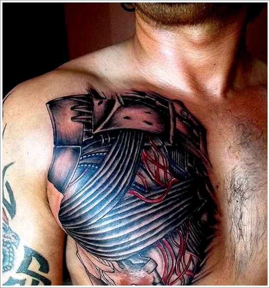 Brilliant Grey And Black Mechanical Tattoo On Chest