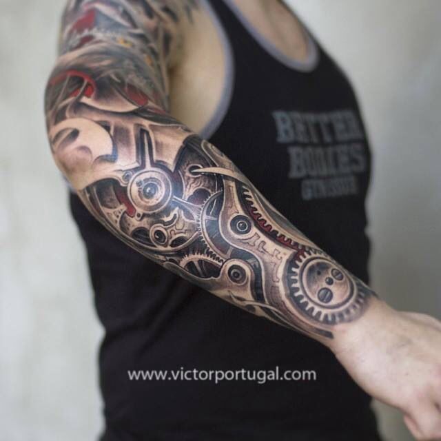 Brilliant Grey And Red Mechanical Full Sleeve Tattoo