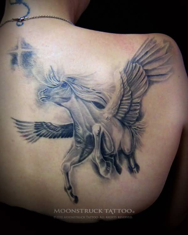 Brilliant Grey Flying Pegasus Tattoo On Upper Back