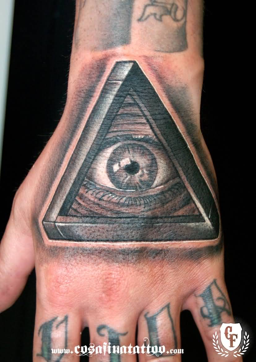 Brilliant Grey Ink 3D Triangle Eye Tattoo On Hand