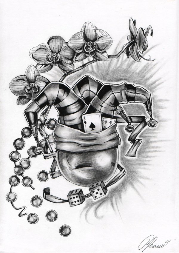 Brilliant Grey Ink Jester Cap On Ball With Flowers Tattoo Design