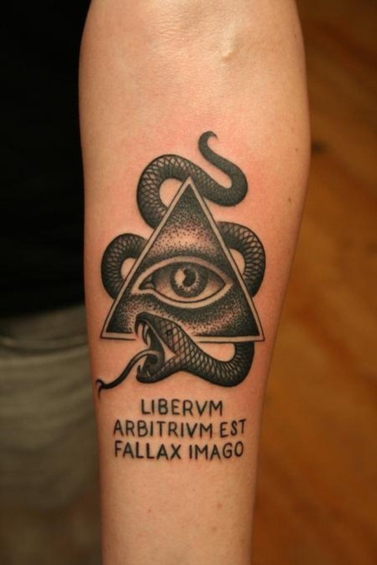 Brilliant Grey Ink Triangle Eye With Snake Tattoo On Forearm