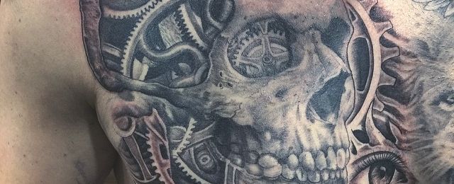 Brilliant Grey Mechanical Gears Skull Tattoo