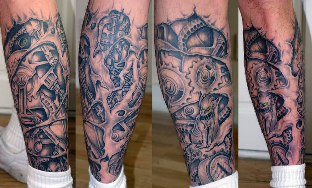 Brilliant Grey Mechanical Gears Tattoo On Back Leg