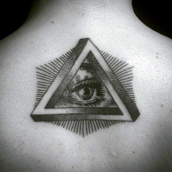 Brilliant Grey Triangle Eye Tattoo On Upper Back