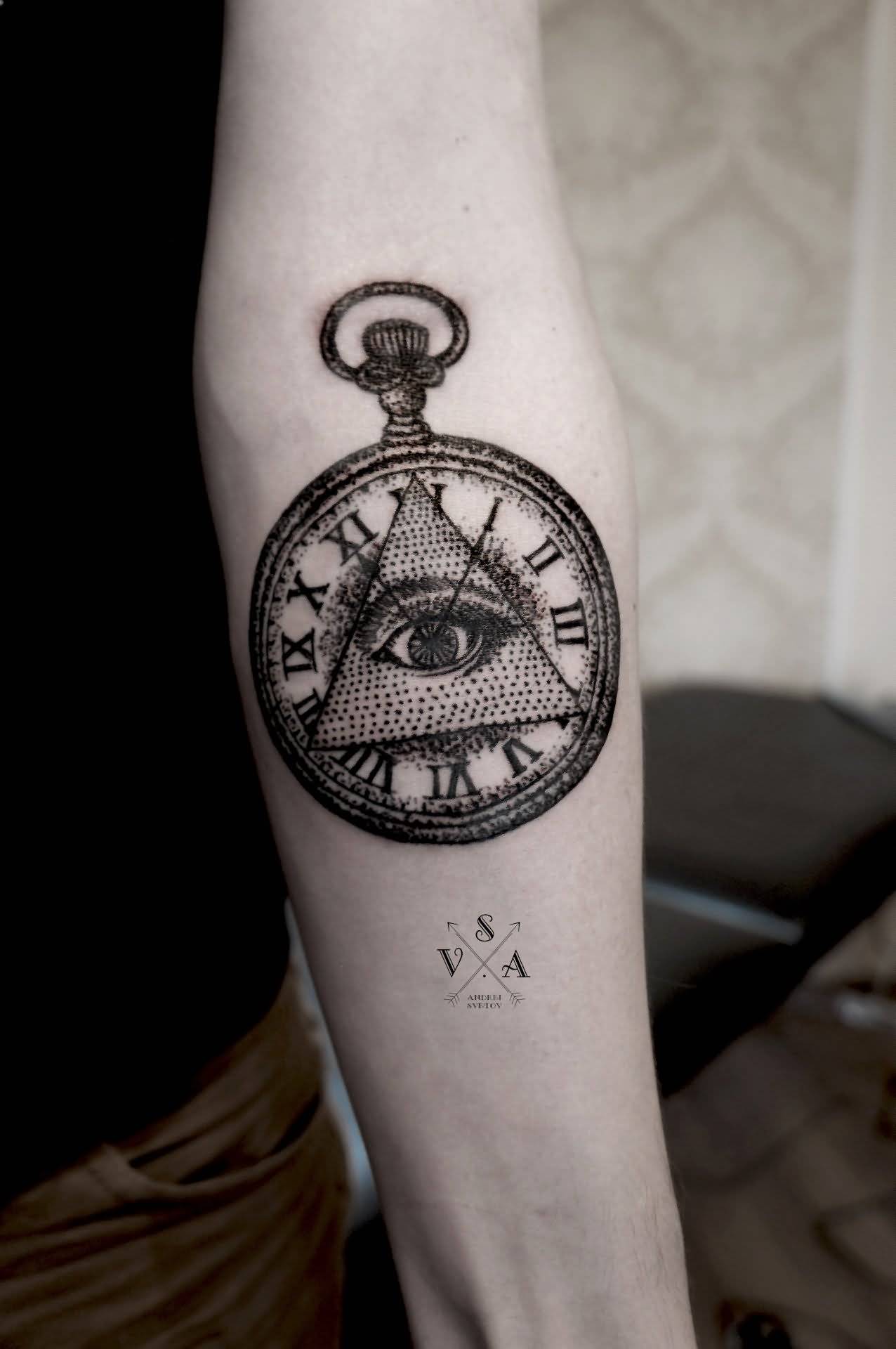 Brilliant Grey Triangle Eye With Pocket Watch Tattoo On Forearm By Andrey Svetov