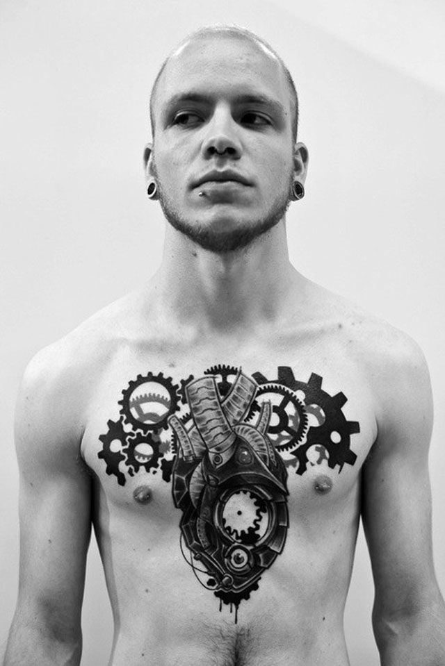 Brilliant Mechanical Gears Heart Tattoo On Chest