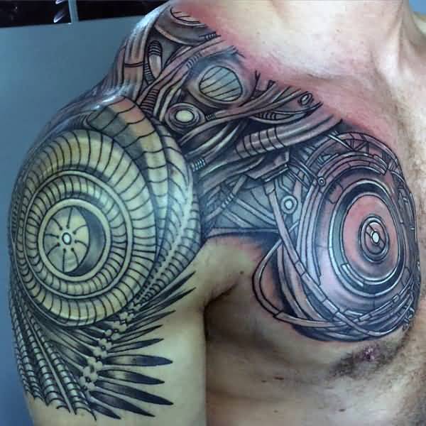 Brilliant Mechanical Tattoo On Shoulder And Chest