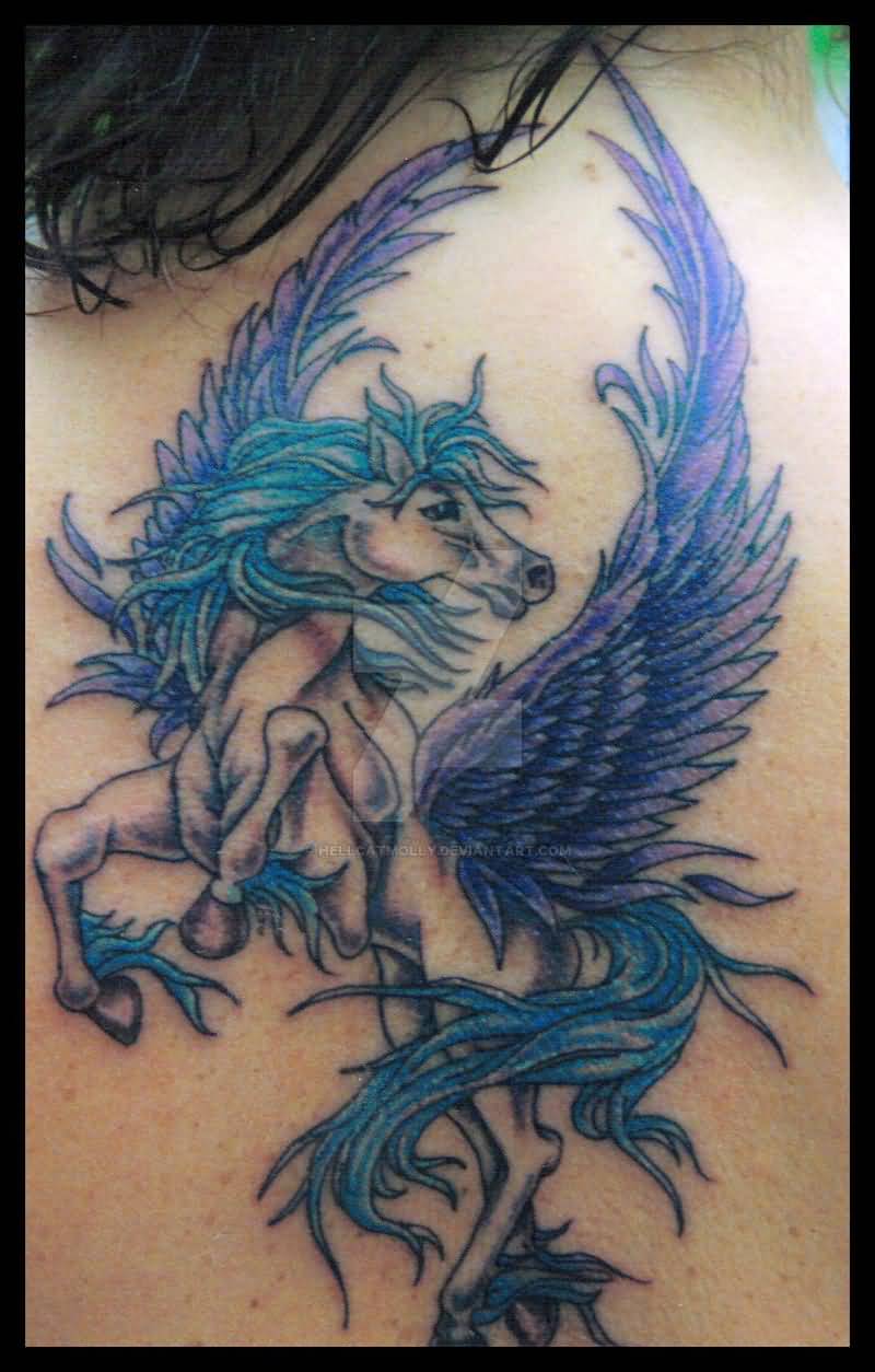 Brilliant Pegasus With Blue Hair And Purple Wings Tattoo