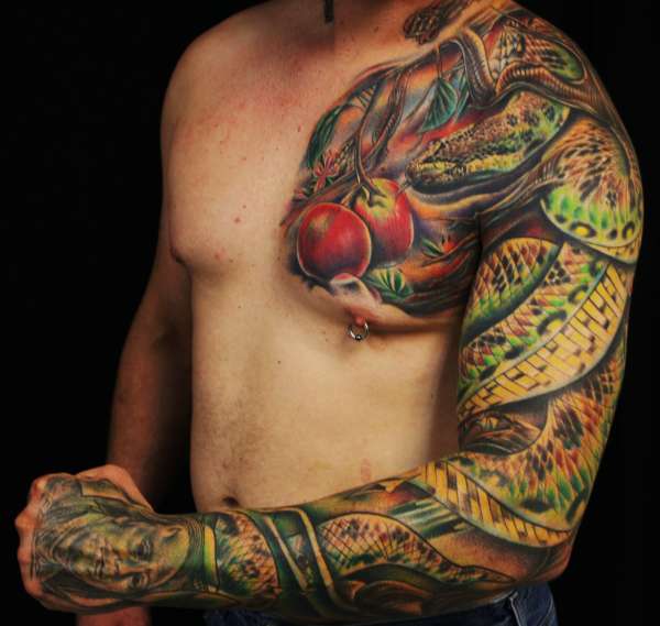 Brilliant Reptile Snake With Fruit Colored Tattoo On Full Sleeve