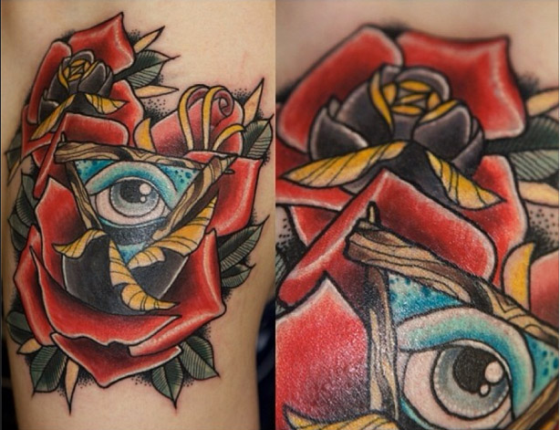 Brilliant Triangle Eye With Rose Traditional Tattoo By Last Angel Tattoo
