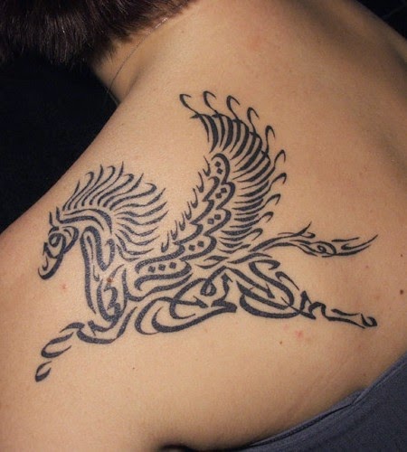 Brilliant Tribal Flying Pegasus Tattoo On Back Right Shoulder