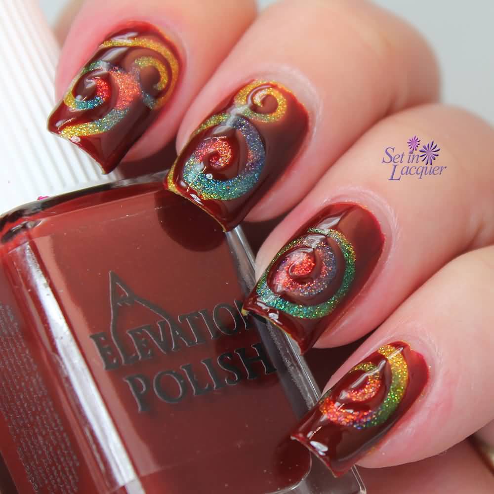 Brown Nails With Colorful Glitter Gel Spiral Design Nail Art