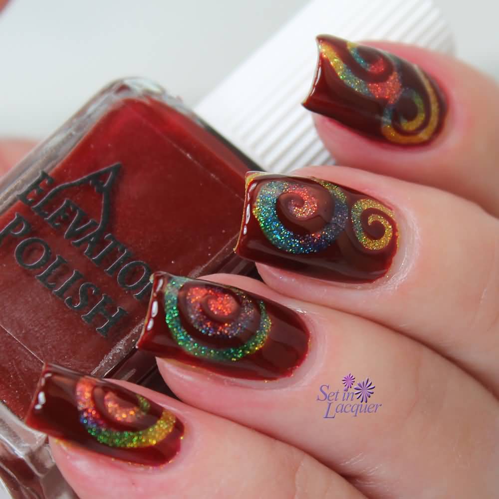 Brown Nails With Rainbow Glitter Gel Spiral Nail Art