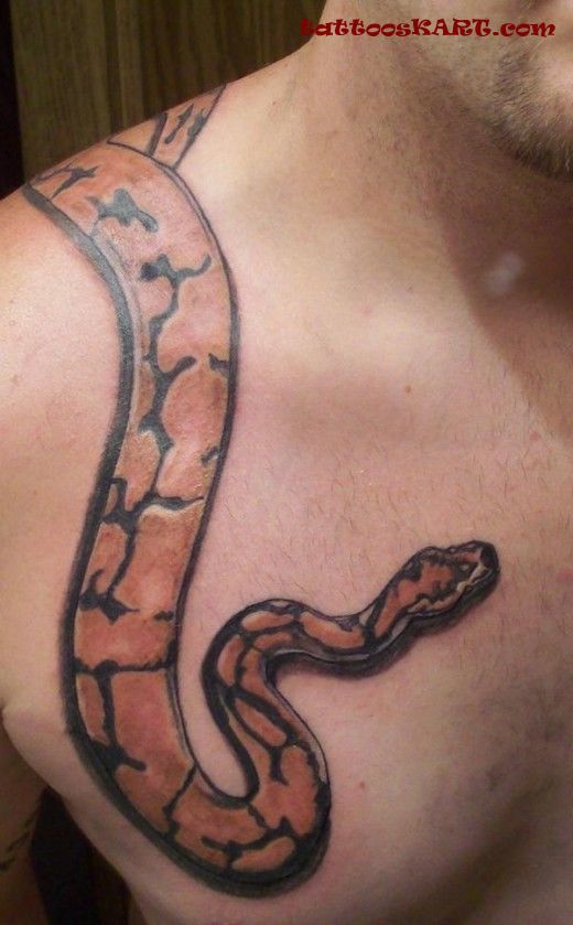 Brown Reptile Snake Tattoo On Chest