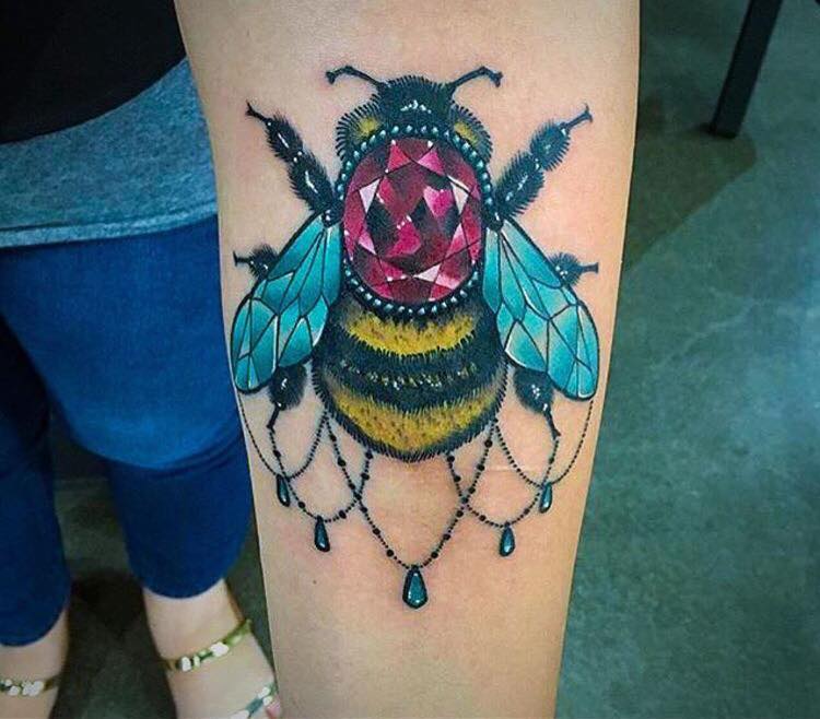 Bumble Bee Tattoo With Gem Stone On Back by Chad Lambert